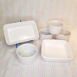 RJM Japan Ribbed Ramekin Small Baking Dish Pan Lot White Stoneware Oven to Table
